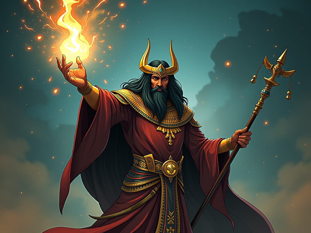  a wizard in ornate robes, casting a spell, bolts of scintillating energy streaming from his staff, feats of divine power, cosmic forces at work. the style is digital art illustration / modern comic book / mysterious occult, symbolic, esoteric vibe,high detail on character design, incorporating ancient egyptian symbology and attire.