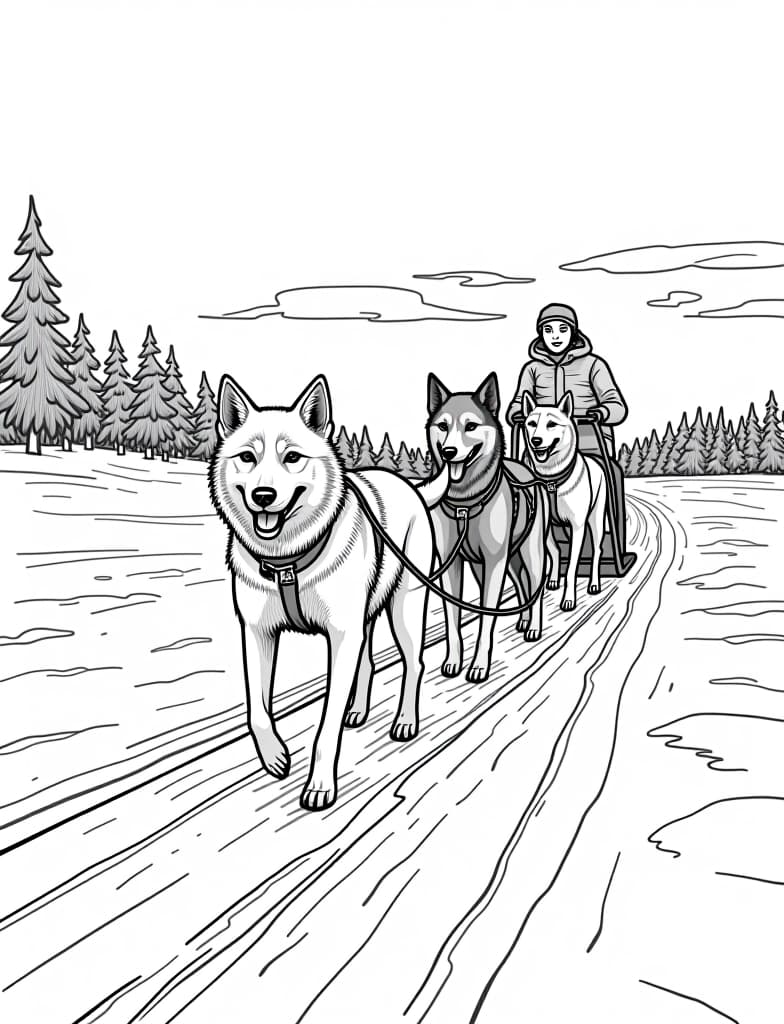  this is for an adult coloring page. a detailed black and white line art of a snowy sled dogs pulling a sled across a snowy plain on a solid white background.