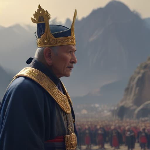 An emperor gives a word to his people in Cinematic style with Mountains background