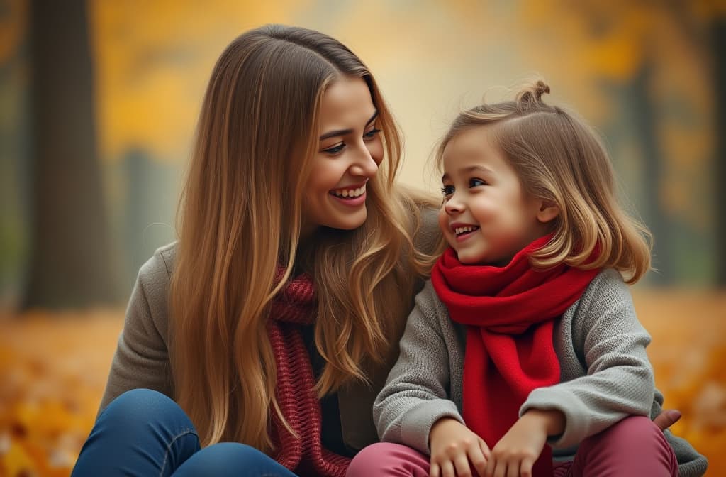  portrait smiling young woman with blond hair and little girl with a blond hair sitting on leaves in park in autumn, red scarf, mother looking at daughter, blurred autumn trees in background, soft light ar 3:2, (natural skin texture), highly detailed face, depth of field, hyperrealism, soft light, muted colors