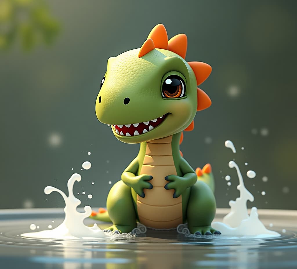  happy baby dinosaur washing in waterfall with soap foam. digital artwork.