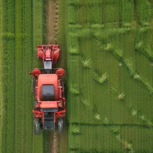 red harvester in green field viewed from above