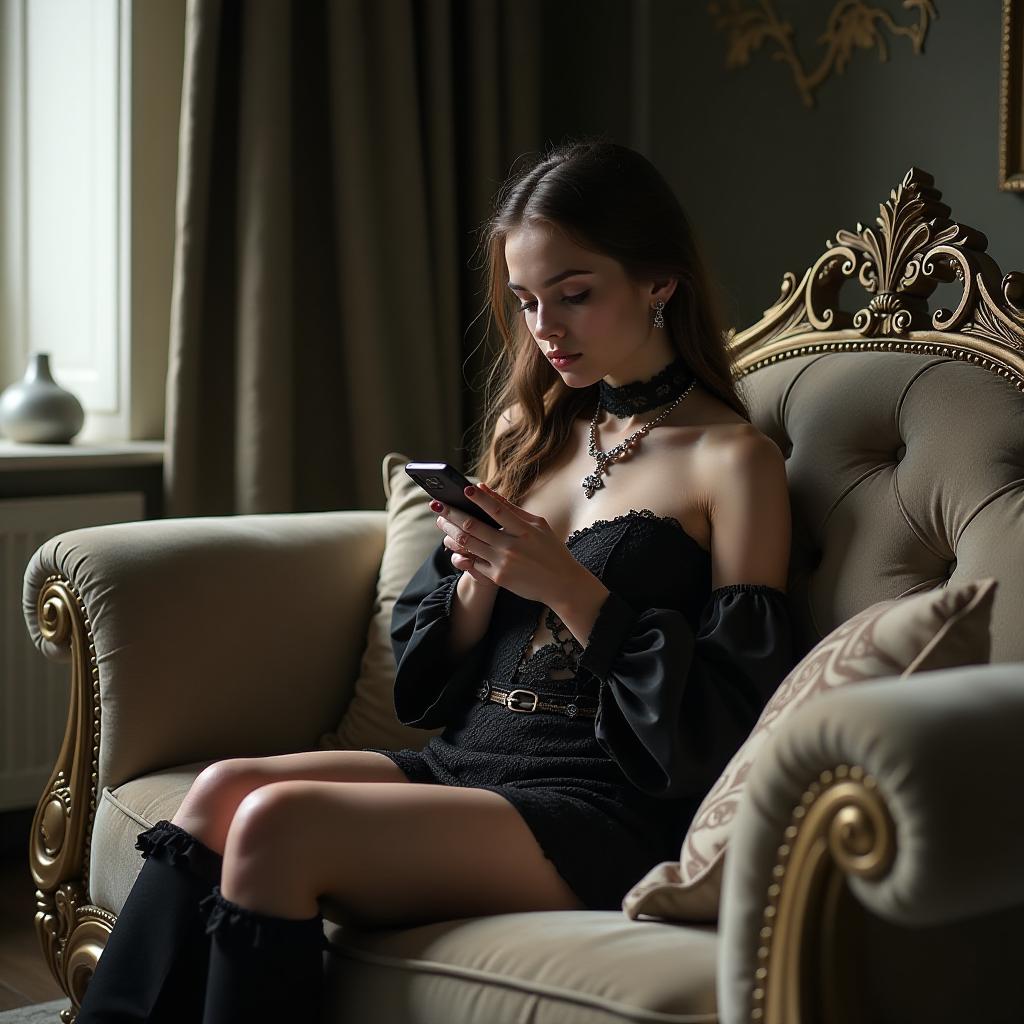  gothic style beautiful girl in mini clothes, on a luxurious sofa, in jewelry, photographed on the phone, ultra fashionable interior in russian style, beige gray olive, gothic style, beautiful flowers . dark, mysterious, haunting, dramatic, ornate, detailed