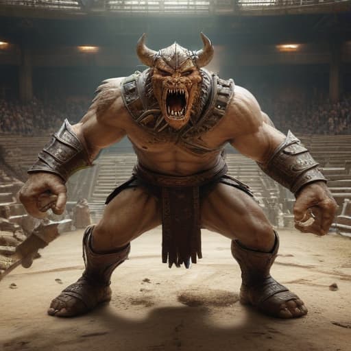 In the depths of a colosseum, Commodos, Gladiatorial Devourer emerges from the earth, towering over its opponents. With its fierce gaze and massive claws, it prepares to take down any challenger that dares to face it. The ground trembles as it summons its power, ready to devour its enemies and claim victory in the arena. The earth itself seems to bend to its will, as it wields the strength of the land to crush its foes. This digital masterpiece captures the essence of Commodos, a force to be reckoned with in the world of gladiatorial combat. fantastical creatures or characters inspired by mythology, folklore, or popular culture. use vibrant colors, sharp lines, intricate details, dynamic poses, dramatic lighting, atmospheric backgrounds, an