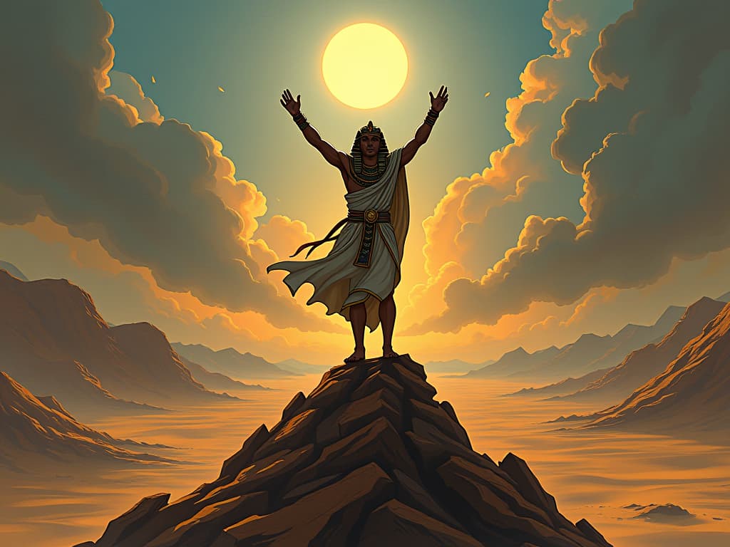  pharaoh standing triumphant on a peak, arms raised, amidst a turbulent desert landscape, symbolizing the power to rise above chaos. the style is digital art illustration / modern comic book / mysterious occult, symbolic, esoteric vibe,high detail on character design, incorporating ancient egyptian symbology and attire.