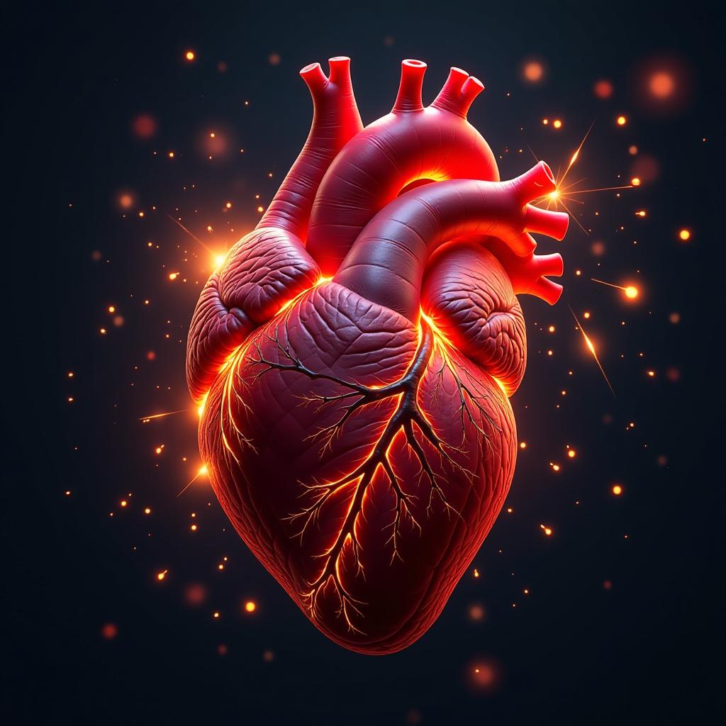  a hyper realistic depiction of a heart illuminated by bright, shimmering sparks. the heart, intricately detailed, showcases its texture and anatomy, surrounded by a dark background that enhances the vibrant, glowing sparks. the interplay of light and shadow creates a dramatic effect, emphasizing the lifelike quality of the heart and the energy of the sparks.