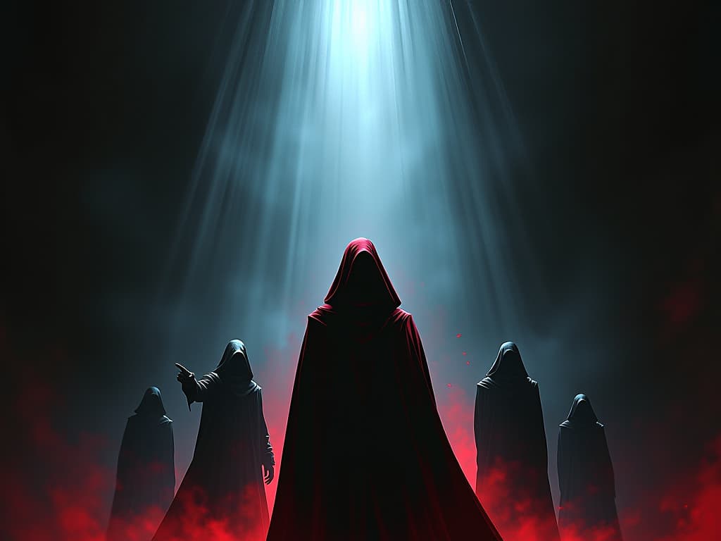  bright spotlight on one individual’s success, shadows of deceit in the background, others pointing, clear expressions of revelation.. the style is dark fantasy and mysterious occult, symbolic, moody lighting, esoteric vibe,high detail on character design. for the color scheme emphasize blacks and reds.