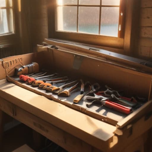 A photo of a toolbox filled with various roofing tools laid out on a wooden workbench in a bustling warehouse during early morning with soft golden sunlight filtering through the high windows, casting long shadows over the neatly organized supplies.