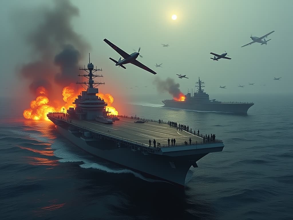  a dramatic scene depicting the battle of the philippine sea in june 1944, featuring aircraft carriers from the united states and japan engaging in epic aerial combat, showcasing the technology of naval warfare, with the chaos of battle surrounded by explosions and fighter planes soaring through the sky. hyperrealistic, full body, detailed clothing, highly detailed, cinematic lighting, stunningly beautiful, intricate, sharp focus, f/1. 8, 85mm, (centered image composition), (professionally color graded), ((bright soft diffused light)), volumetric fog, trending on instagram, trending on tumblr, HDR 4K, 8K