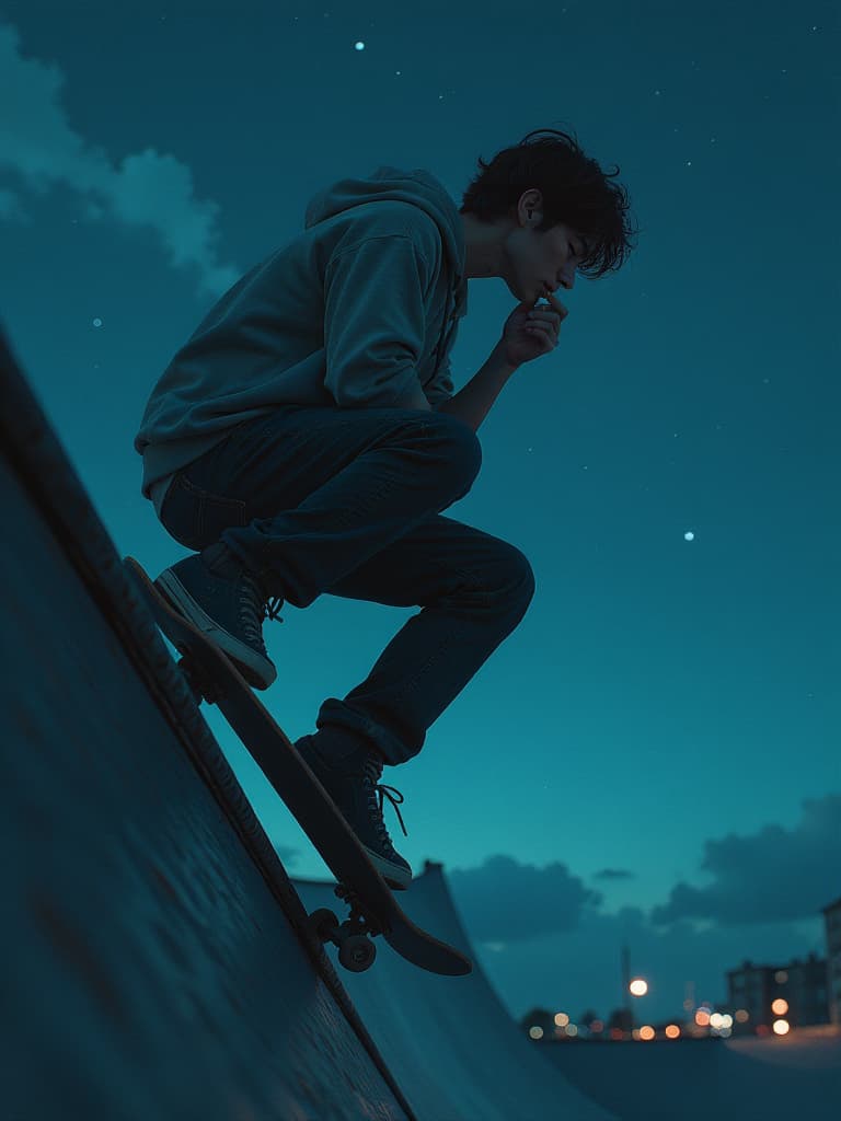  a man riding a skateboard up the side of a ramp, picsart, anime style portrait, late night melancholic photo, the kiss, grainy damaged photo, hand on her chin, stargazer, :: nixri, rough sketch, hsl, sebastian michaelis, insomnia, noisy filter, star ocean hyperrealistic, full body, detailed clothing, highly detailed, cinematic lighting, stunningly beautiful, intricate, sharp focus, f/1. 8, 85mm, (centered image composition), (professionally color graded), ((bright soft diffused light)), volumetric fog, trending on instagram, trending on tumblr, HDR 4K, 8K