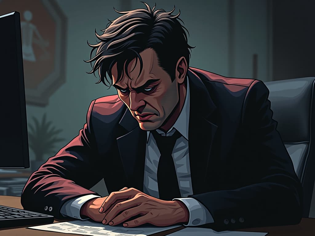  stressed coworker with disheveled appearance, office setting, forlorn expression, authority undermined. the style is dark fantasy and mysterious occult, symbolic, moody lighting, esoteric vibe,high detail on character design. for the color scheme emphasize blacks and reds.