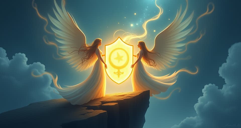  two ethereal beings surrounded by a swirling, luminous shield, standing on a cliff edge. the shield glows brightly, symbolizing an unbreakable force.. the style is digital art illustration,highly detailed, whimsical,magical, dreamlike atmosphere, realism and fantasy blend, smooth, glossy textures,luminous quality, wonder and enchantment.