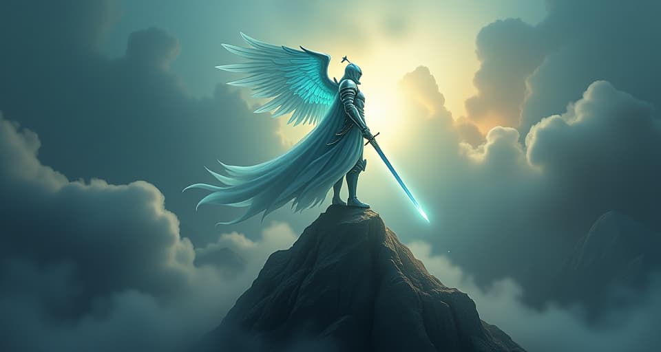  ethereal knight in glowing armor, holding a sword of light, standing on a mystical mountain peak, atmosphere of shifting focus from mundane to eternal. the style is digital art illustration,highly detailed, whimsical,magical, dreamlike atmosphere, realism and fantasy blend, smooth, glossy textures,luminous quality, wonder and enchantment.