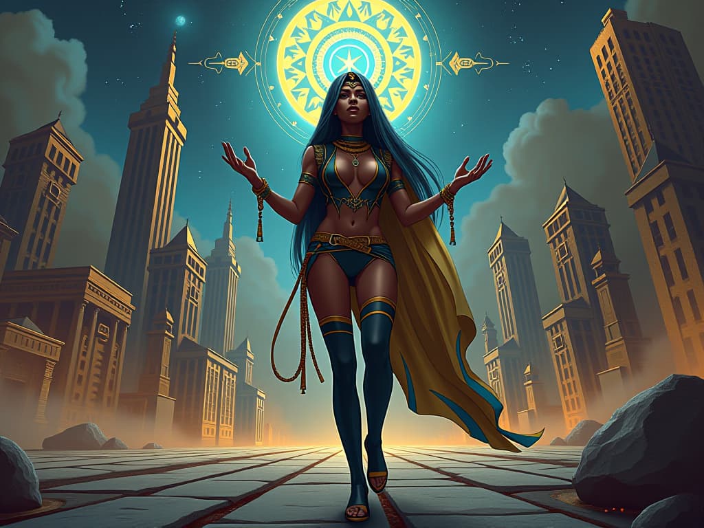  a cityscape merging with ethereal cosmic symbols, large busted priestess in tight modern attire, interpreting symbols within the mundane, playground of cosmic conversations. the style is digital art illustration / modern comic book / mysterious occult, symbolic, esoteric vibe,high detail on character design, incorporating ancient egyptian symbology and attire.