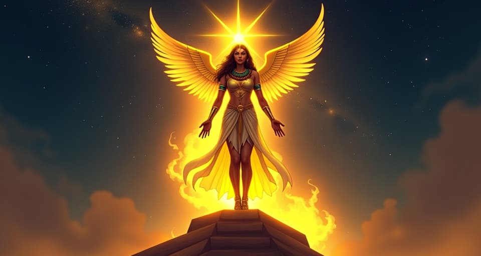  a celestial figure, adorned in golden jewelry, glowing brightly against a dark, starlit sky, standing on a high stone platform, a sense of divine transcendence, shimmering aura. the style is digital art illustration / modern comic book / mysterious occult, symbolic, esoteric vibe,high detail on character design, incorporating ancient egyptian symbology and attire.