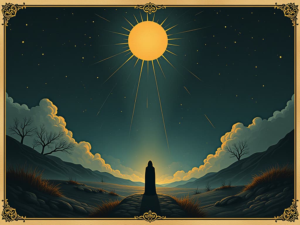  night sky with subtle figures, constellations, illuminated by streams of light, serene, protective. an illustration in the style of a worn, mystical old tarot trump card, mysterious and elements of surrealism. the colors are muted, somber and eerie, but with contrast bring out an occult and esoteric vibe.