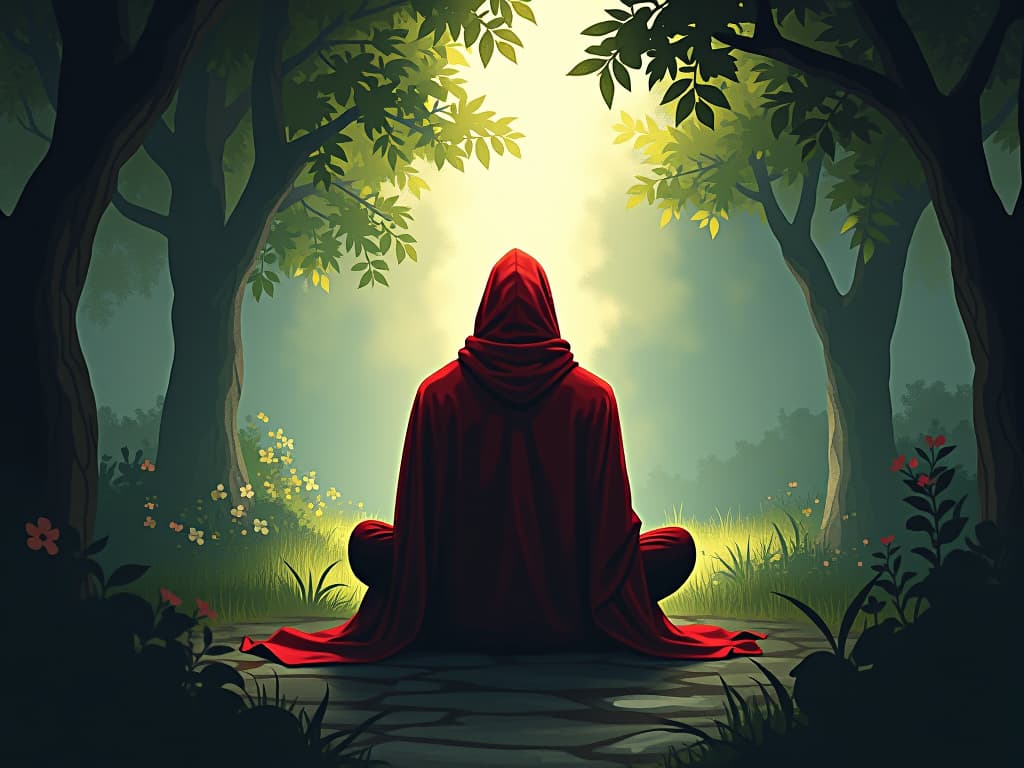  solitary figure in red cloak, sitting cross legged in a serene garden, soft light filtering through leaves, air of quiet contemplation. the style is digital art illustration / modern comic book / graphic dark novel fantasy and mysterious occult, symbolic, moody lighting, esoteric vibe,high detail on character design. for the color scheme emphasize blacks and reds.