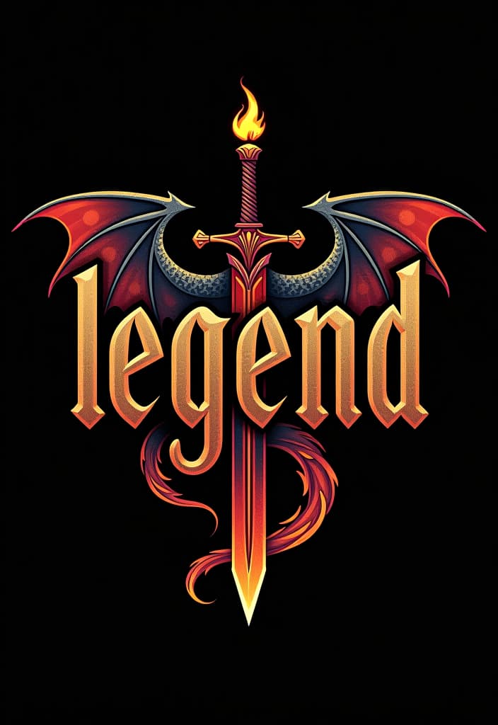  design a logo, custom sticker design on an isolated black background with the words ‘legend’ in bold font decorated by mythical dragons and a flaming sword