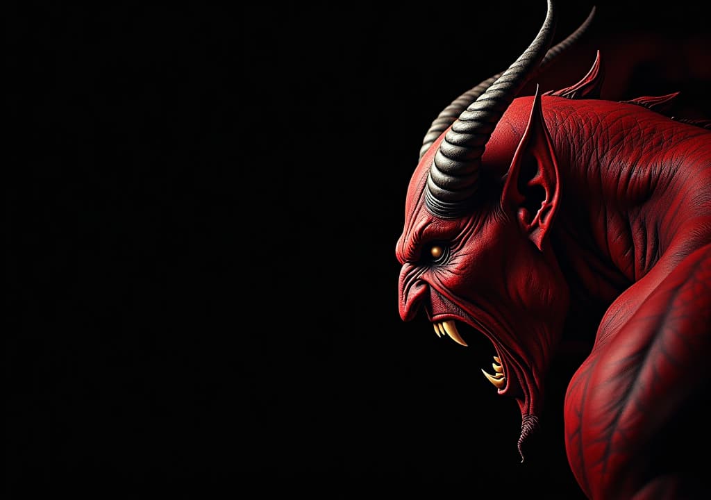  angry devil profile with copy space for text black background yelling, shouting, screaming god of evil hell concept art leviathan, astaroth, mammon, baal