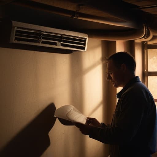 A photo of a diligent technician inspecting an air vent in a dimly-lit, industrial basement during the late afternoon, with beams of soft, warm light seeping through the dusty air, casting intriguing shadows on the metallic surfaces.