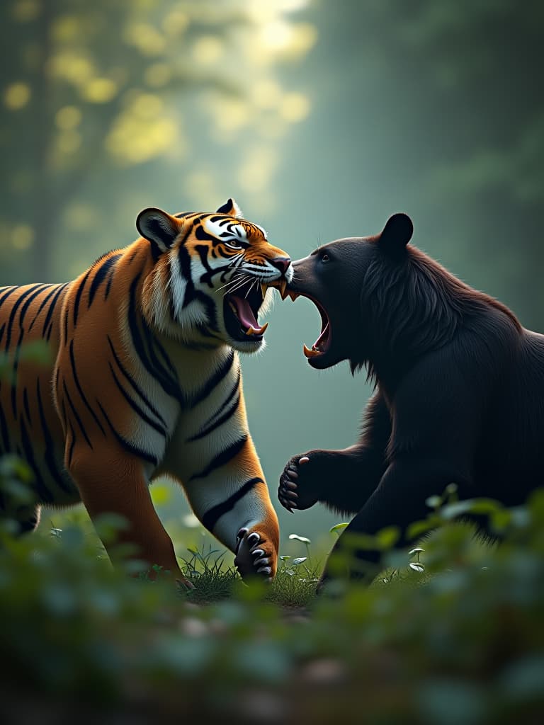  black bears and tigers fight in the forest photo realistic, highly intricate and detailed, masterpiece, ultra high res,photography,8k resolution