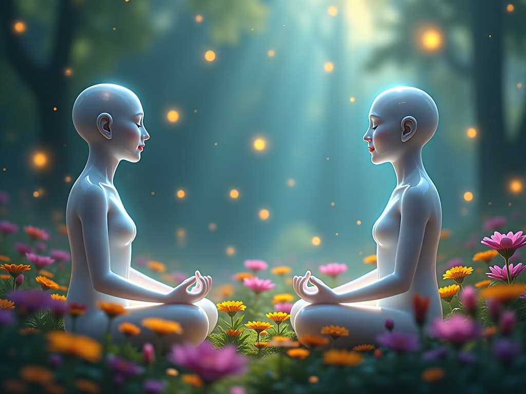  translucent beings meditating, glowing energy fields, serene garden with sparkling flowers, air filled with floating light orbs. the style is digital art illustration,highly detailed, whimsical,magical, dreamlike atmosphere, realism and fantasy blend, smooth, glossy textures,luminous quality, wonder and enchantment.