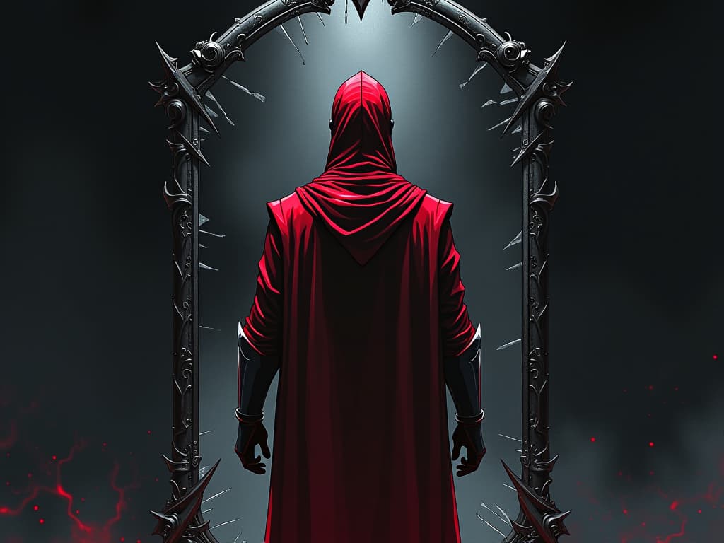  solitary knight in red armor, reflecting in shattered mirror, dark aura of self realization. the style is digital art illustration / modern comic book / graphic dark novel fantasy and mysterious occult, symbolic, moody lighting, esoteric vibe,high detail on character design. for the color scheme emphasize blacks and reds.