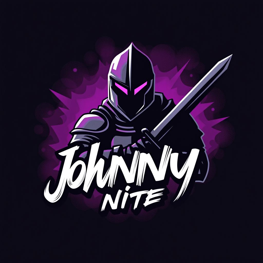  design a logo, in a geometric style. knight black and purple graffiti, with the text 'johnny nite '.