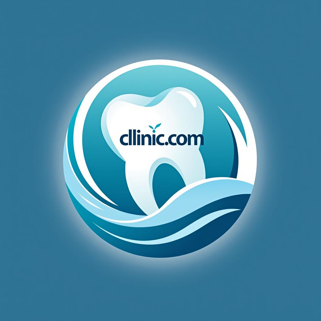  logo for a dental clinic, featuring a tooth with the name "clinic com" against a sea wave color background.