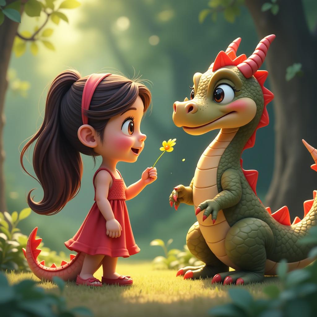  girl feeding dragon . in 3d, disney cartoon style