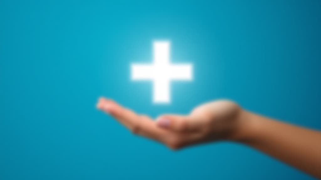  hand holding plus icon on blue background. plus sign virtual means to offer positive thing like benefits, personal development, social network