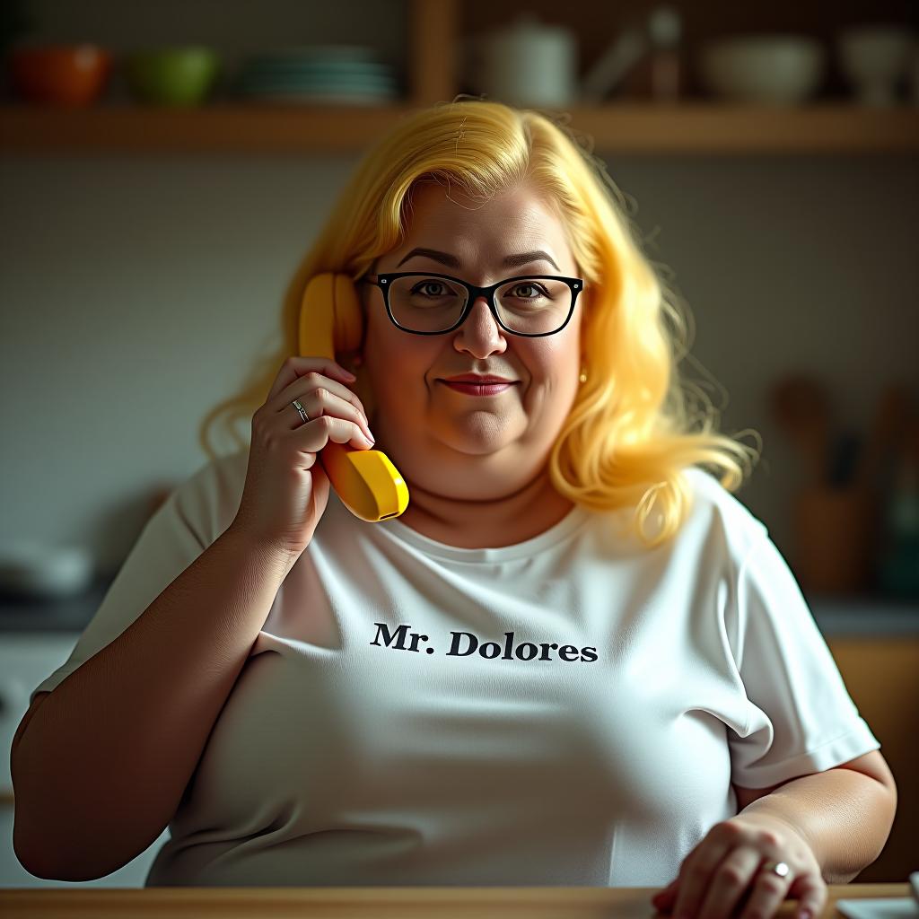  a slightly fat lady, with yellow hair, who wears glasses that is in the kitchen with her colored phone with a white t shirt that says mrs dolores hyperrealistic, full body, detailed clothing, highly detailed, cinematic lighting, stunningly beautiful, intricate, sharp focus, f/1. 8, 85mm, (centered image composition), (professionally color graded), ((bright soft diffused light)), volumetric fog, trending on instagram, trending on tumblr, HDR 4K, 8K