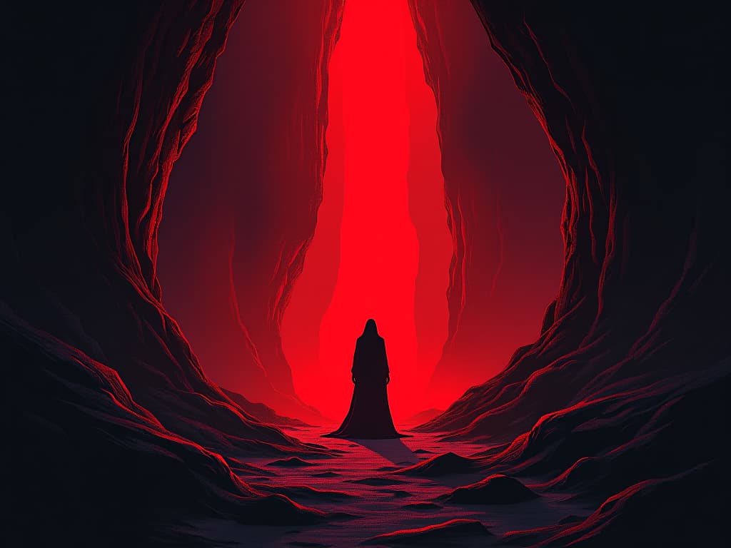  dark cavern, figure in red, illuminated by mystical light, air of deep introspection and enlightenment. the style is digital art illustration / modern comic book / graphic dark novel fantasy and mysterious occult, symbolic, moody lighting, esoteric vibe,high detail on character design. for the color scheme emphasize blacks and reds.