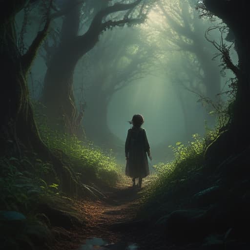 In the depths of a shadowy forest, a mysterious child emerges from the mist. Their eyes gleam with an otherworldly light, and their outstretched hand beckons towards a hidden path. Vines twist and curl around them, leading to a hidden grove where spirits dance. The air is filled with whispers of magic and the promise of secrets untold. The child's presence is both enchanting and foreboding, as if they hold the key to unlocking a power beyond imagination. As they fade back into the shadows, a sense of wonder and danger lingers in their wake. fantastical creatures or characters inspired by mythology, folklore, or popular culture. use vibrant colors, sharp lines, intricate details, dynamic poses, dramatic lighting, atmospheric backgrounds, and