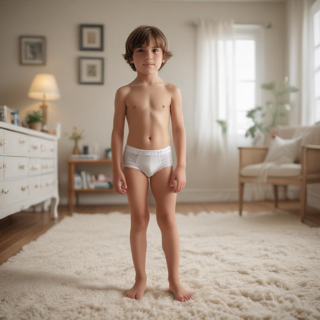 ((masterpiece)),(((best quality))), 8k, high detailed, ultra detailed, A 10 year old boy wearing 1980s white briefs in a room, boy, ((white briefs from the 1980s)), room, vintage decor, toys on the floor hyperrealistic, full body, detailed clothing, highly detailed, cinematic lighting, stunningly beautiful, intricate, sharp focus, f/1. 8, 85mm, (centered image composition), (professionally color graded), ((bright soft diffused light)), volumetric fog, trending on instagram, trending on tumblr, HDR 4K, 8K