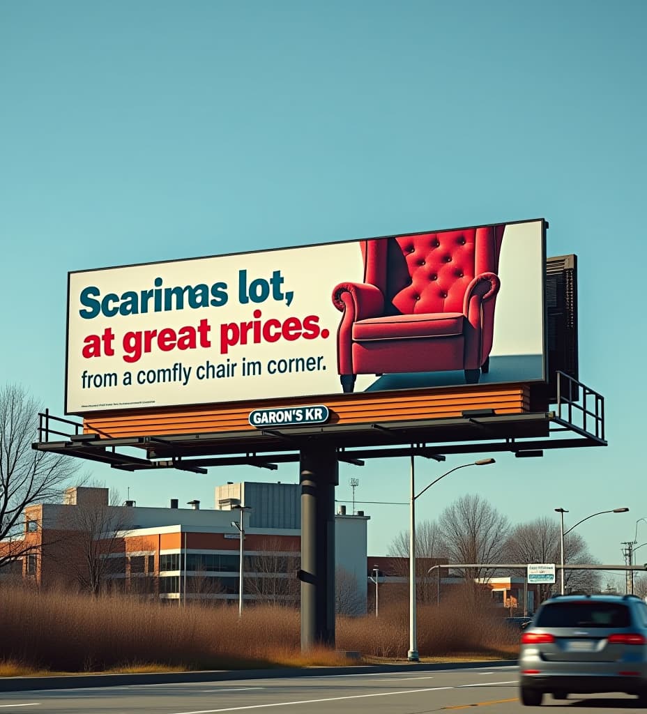  photo of a billboard in chicago, for a car dealer with a car and a chair on it and a that says "garon's lot" in big letters, and "shop used cars, at great prices, from a comfy chair in the corner"