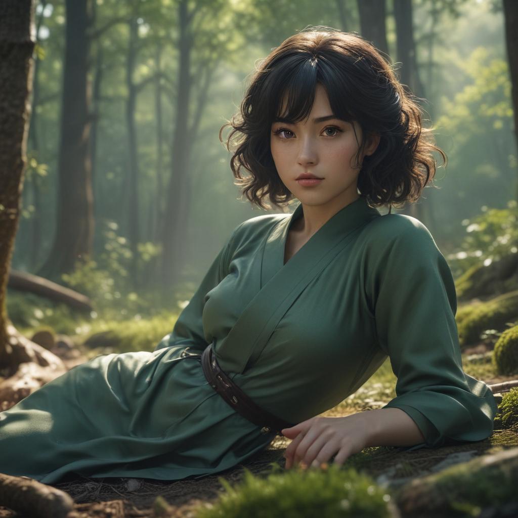 ((masterpiece)),(((best quality))), 8k, high detailed, ultra detailed, Tatsumaki lying on stomach in the woods, perfect composition, detailed background, back view, motion sex hyperrealistic, full body, detailed clothing, highly detailed, cinematic lighting, stunningly beautiful, intricate, sharp focus, f/1. 8, 85mm, (centered image composition), (professionally color graded), ((bright soft diffused light)), volumetric fog, trending on instagram, trending on tumblr, HDR 4K, 8K