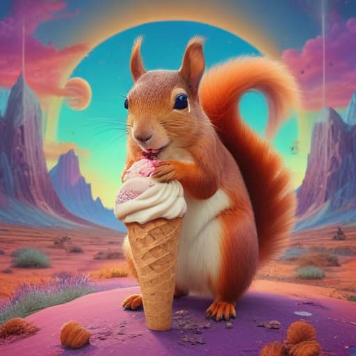 A mischievous squirrel stealing an ice cream cone in a surreal, psychedelic landscape. in ستيمبانك style with محيطات background