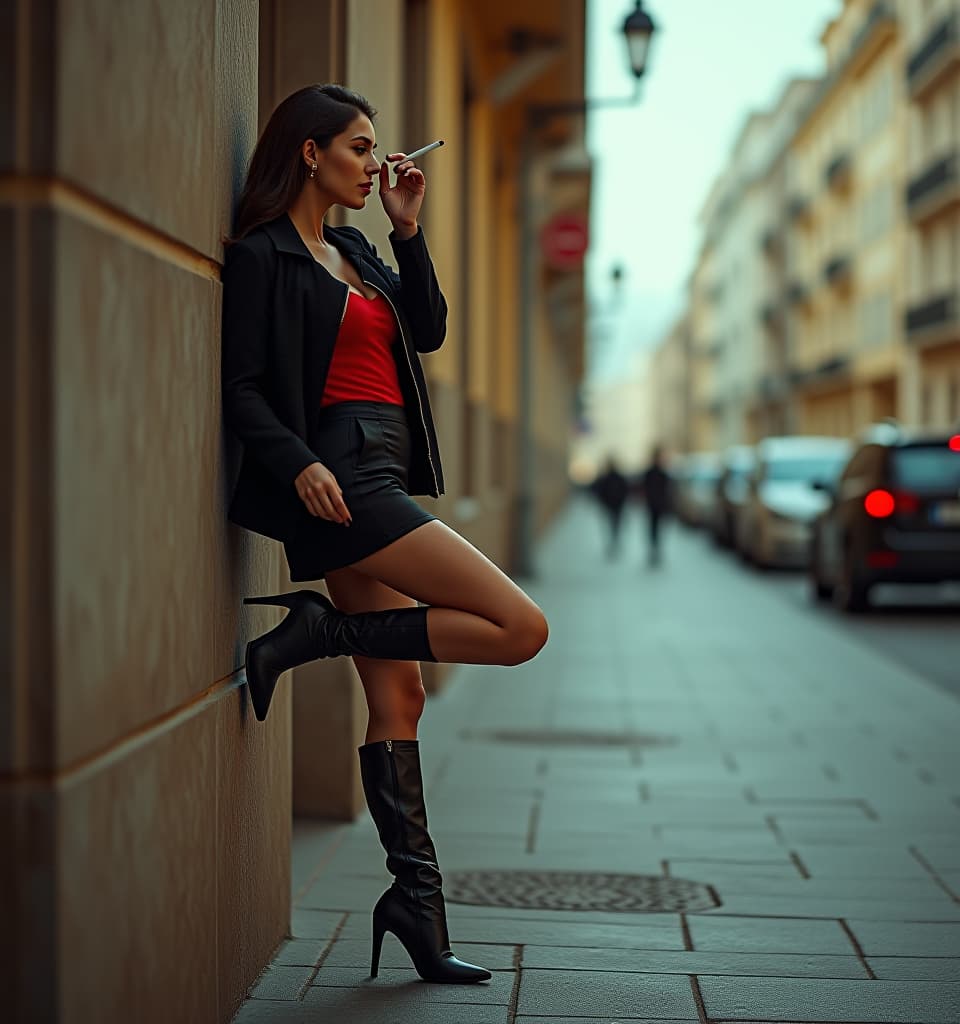  cinematic photo natural with cigarette leans the wall with one high up leg in city of lima. she wears in short black jacket, red top, red plate and high heel boots. full body, side view, hyperdetailed, 4k . 35mm photograph, film, bokeh, professional, 4k, highly detailed