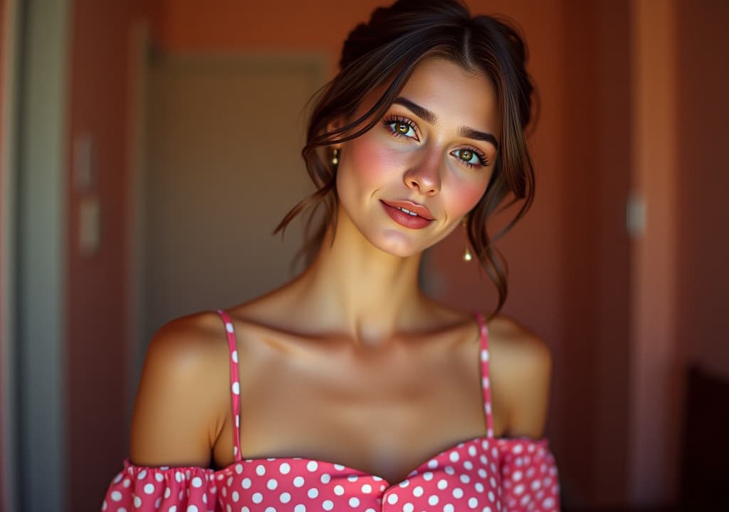  photograohy, super photorealistic, lovely young lady in a beautiful dot print dress of pink color, very cute, shot with 35 mm film camera, kodak faded film, high resolution, fine detailed body abd face, she is self embracing, instagram vibe, low exposure, aperture f.8, focal lenght 27 mm,