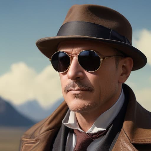 Old Reymond reddington with sunglasses in Steampunk style with Mountains background