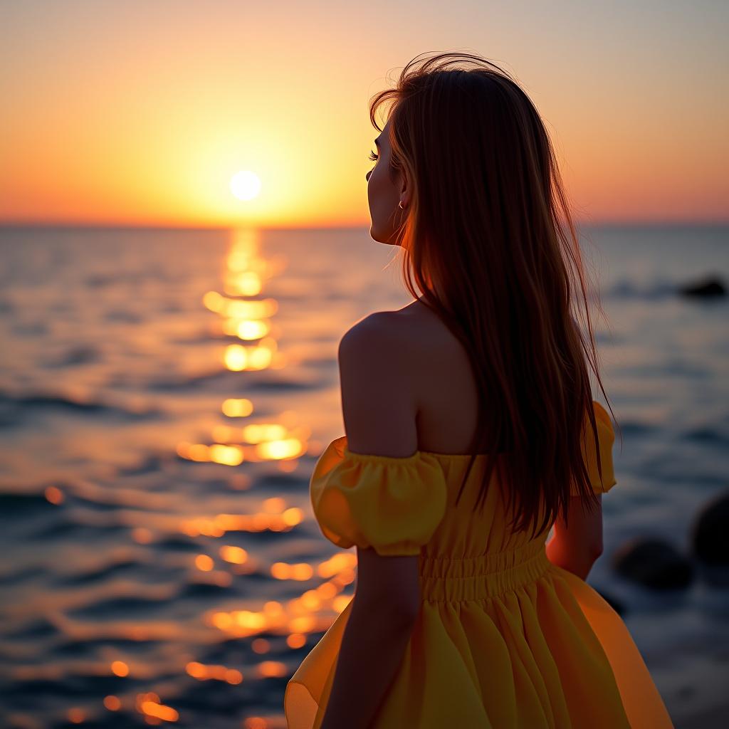  a brunette girl in a beautiful yellow dress is standing by the sea and looking at the sunset.