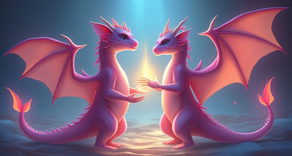  the pink dragon and chosen one standing in harmony, both exchanging glowing energy, ensuring they give and receive in balance within an ethereal setting. the style is digital art illustration,highly detailed, whimsical,magical, dreamlike atmosphere, realism and fantasy blend, smooth, glossy textures,luminous quality, wonder and enchantment.