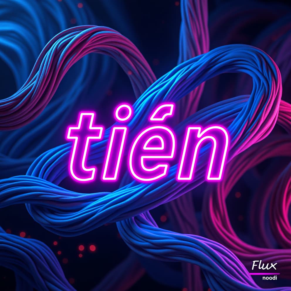  a vibrant, neon colored banner with the word "tiến" in a futuristic, bold font, reminiscent of the flux style. the background should feature swirling, abstract shapes and patterns in a mix of blues, purples, and pinks. the text should be outlined in black for a sharp, edgy look. the overall mood should be energetic and dynamic, capturing the essence of the flux aesthetic.hyper detail, intricate details, sharp focus, high resolution, 8k, ultra detailed, vib