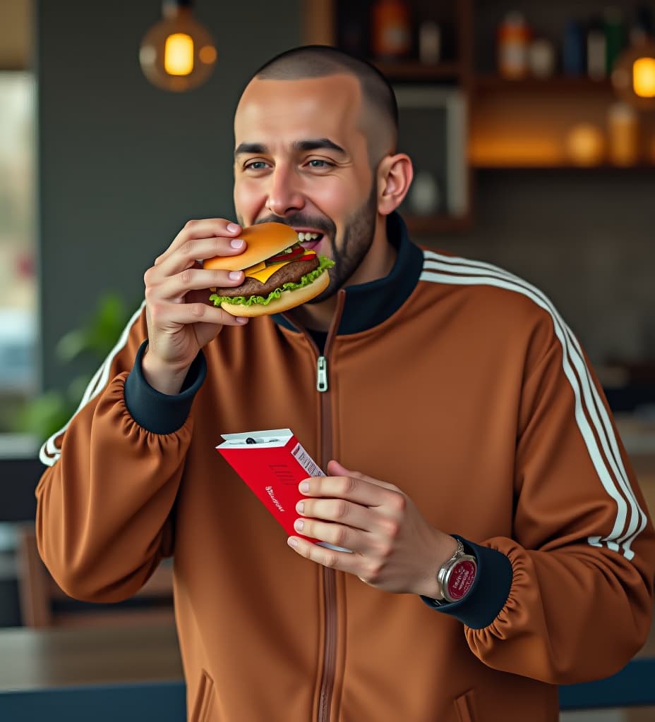  man wearing brown track suit eating a burger