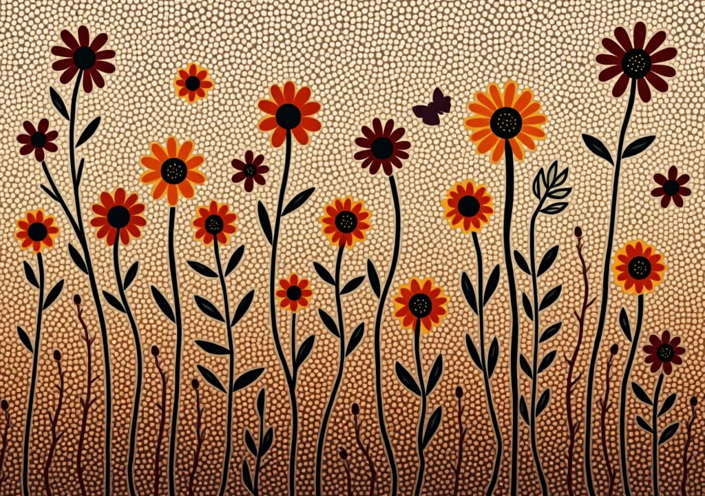  australian aboriginal traditional dot painting style image of a wildflowers in earthy colors.