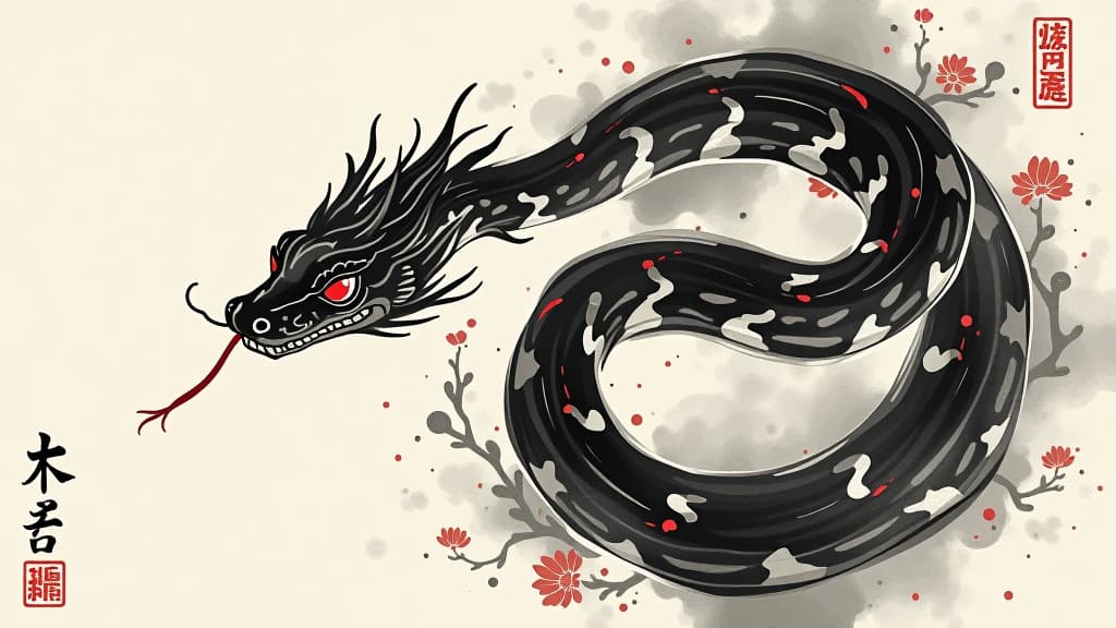  a snake painted in chinese style black brush strokes