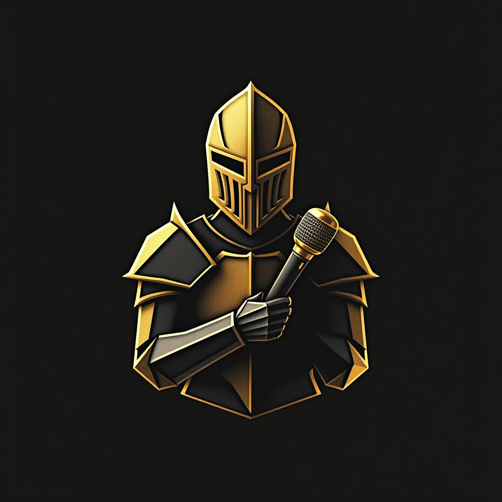  design a logo, in a origami style. knight with a mic, gold and black, with the text 'johnny nite'.