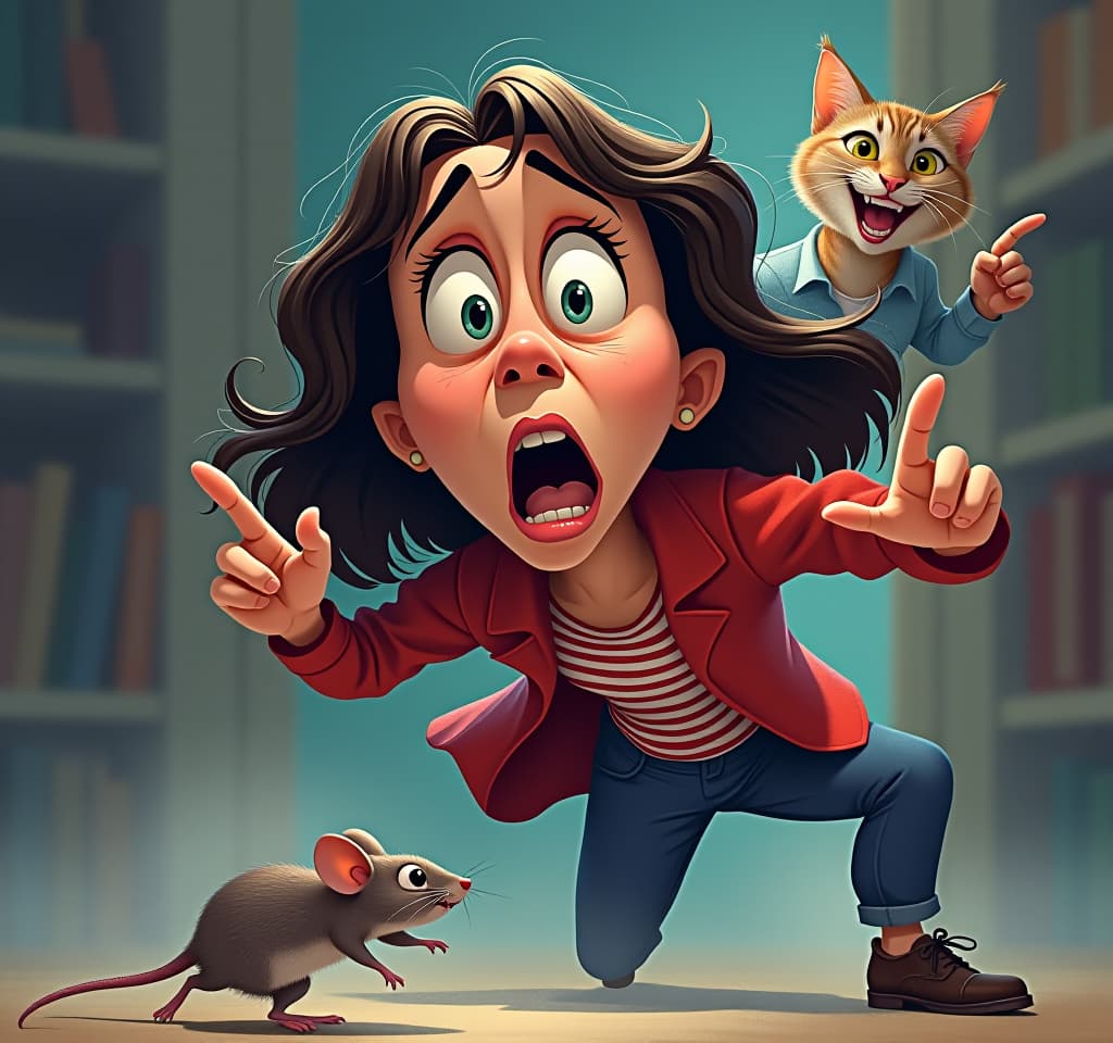  concept art (humorous illustration, double exposure:1.3). a very frightened woman being chased by a small mouse. (a cat laughs in the background and points at the woman with its finger:1.5). exaggerated facial expressions and movements, body language, bright colors, cartoon style, comic book style. . digital artwork, illustrative, painterly, matte painting, highly detailed hyperrealistic, full body, detailed clothing, highly detailed, cinematic lighting, stunningly beautiful, intricate, sharp focus, f/1. 8, 85mm, (centered image composition), (professionally color graded), ((bright soft diffused light)), volumetric fog, trending on instagram, trending on tumblr, HDR 4K, 8K