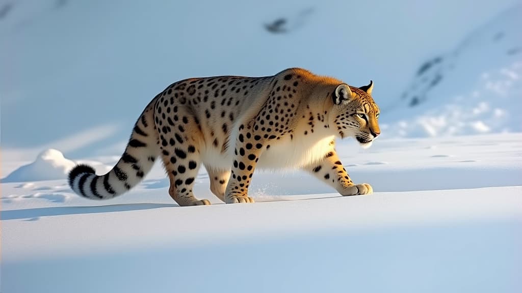  snow leopard walking through snowy mountain terrain